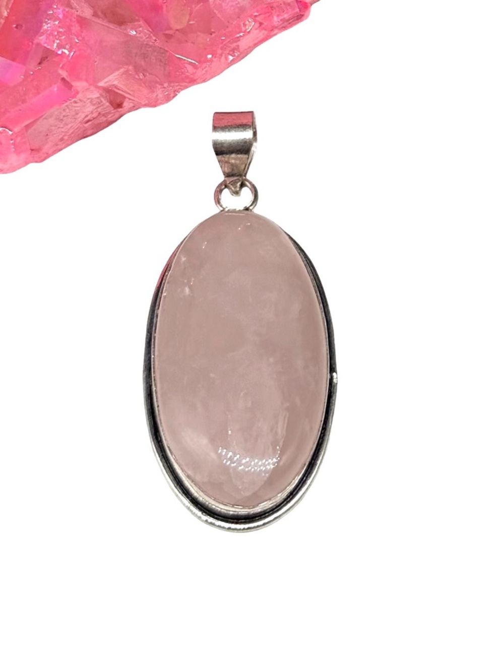 Rose Quartz Necklace Pendant 925 Sterling Silver Overlay Pink Oval Stone
